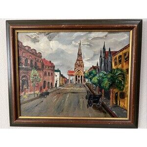 Old Town Street Scene Painting On Canvas Unsigned Wood Framed ~ 16x13”